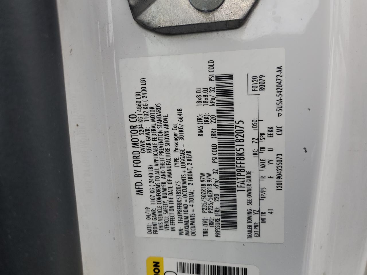 2019 Ford Mustang Gt VIN: 1FATP8FF8K5182075 Lot: 82508585