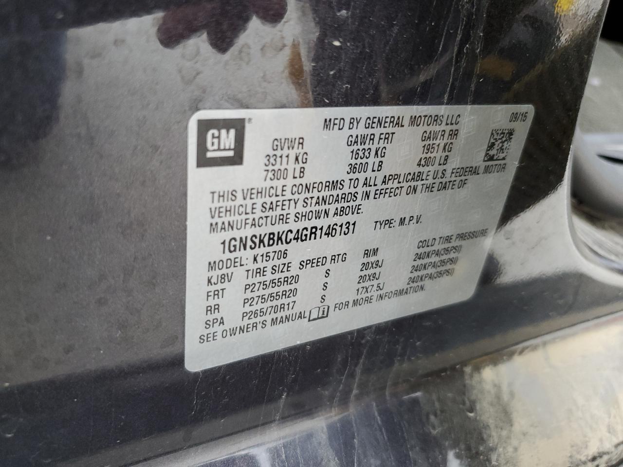 2016 Chevrolet Tahoe K1500 Lt VIN: 1GNSKBKC4GR146131 Lot: 84608435