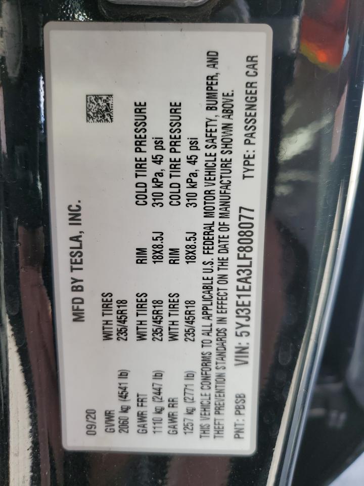 2020 Tesla Model 3 VIN: 5YJ3E1EA3LF808077 Lot: 85897065