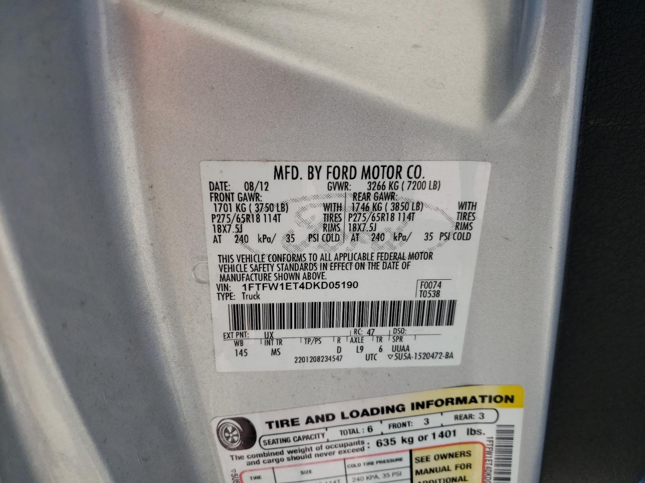 2013 Ford F150 Supercrew VIN: 1FTFW1ET4DKD05190 Lot: 86713315