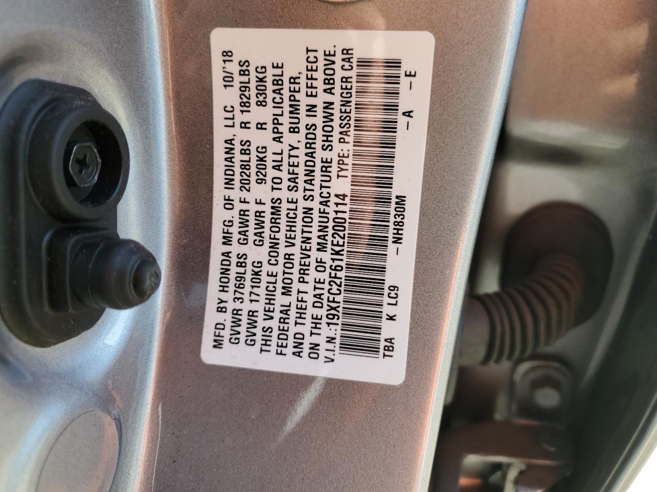2019 Honda Civic Lx VIN: 19XFC2F61KE200114 Lot: 86826175