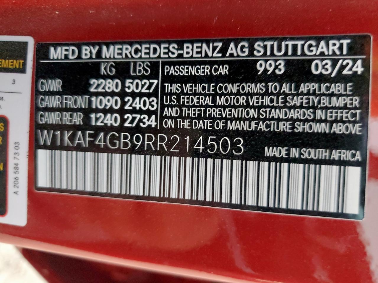 2024 Mercedes-Benz C 300 VIN: W1KAF4GB9RR214503 Lot: 82316475
