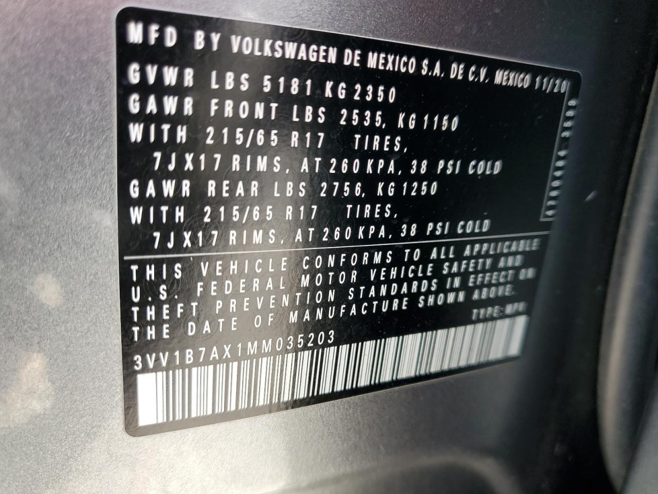 2021 Volkswagen Tiguan S VIN: 3VV1B7AX1MM035203 Lot: 85011545