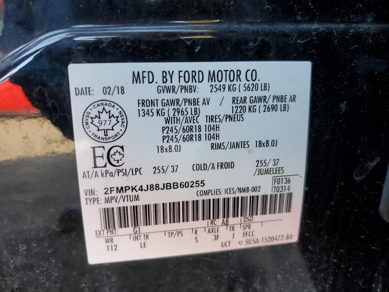 2018 Ford Edge Sel VIN: 2FMPK4J88JBB60255 Lot: 80870045