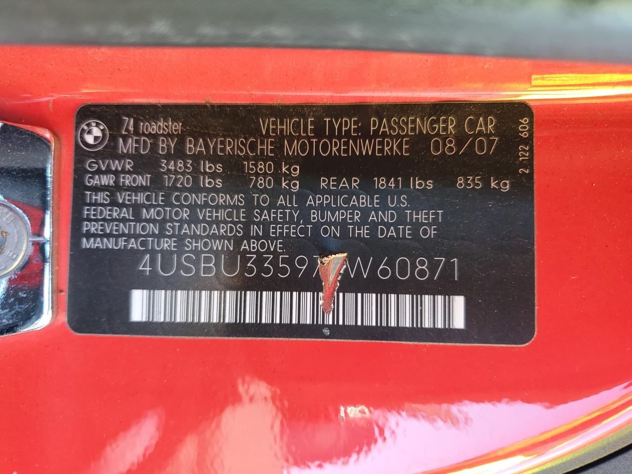 2007 BMW Z4 3.0 VIN: 4USBU33597LW60871 Lot: 85126965