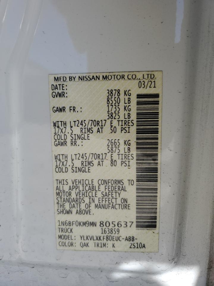 2021 Nissan Nv 1500 S VIN: 1N6BF0KM9MN805637 Lot: 85306505