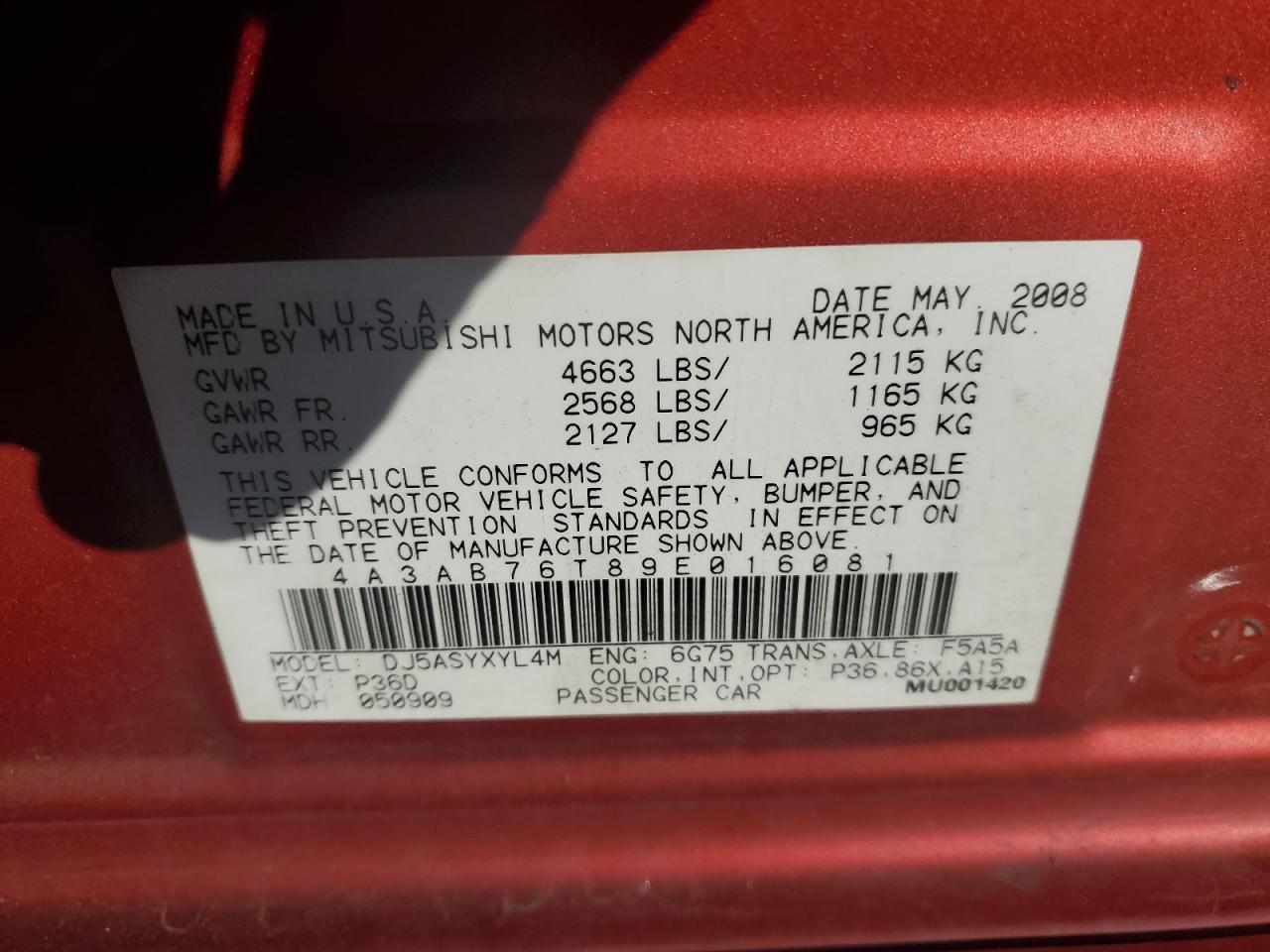 2009 Mitsubishi Galant Sport VIN: 4A3AB76T89E016081 Lot: 84785915