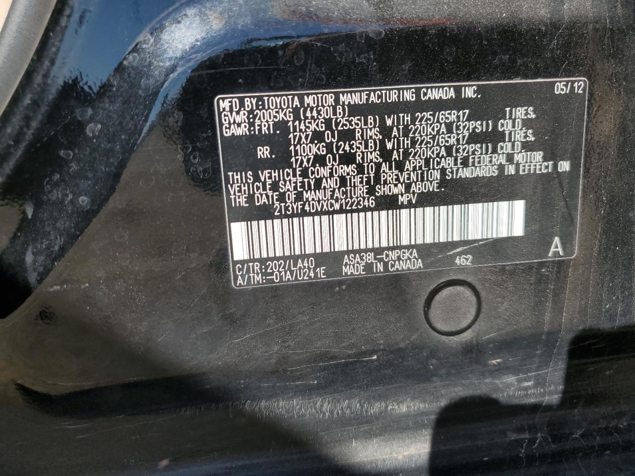 2012 Toyota Rav4 Limited VIN: 2T3YF4DVXCW122346 Lot: 84767695