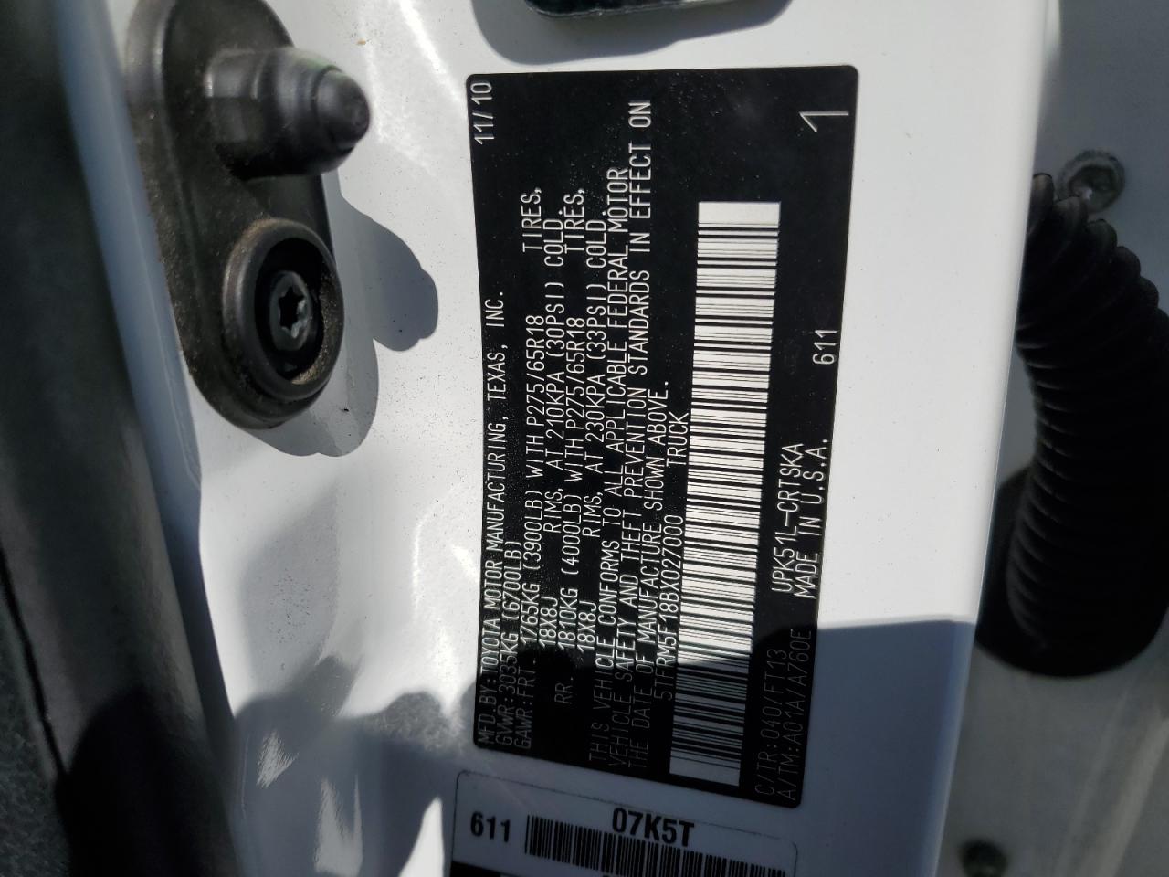 2011 Toyota Tundra Double Cab Sr5 VIN: 5TFRM5F18BX027000 Lot: 85323625