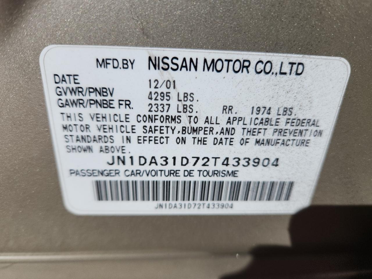 2002 Nissan Maxima Gle VIN: JN1DA31D72T433904 Lot: 85897095