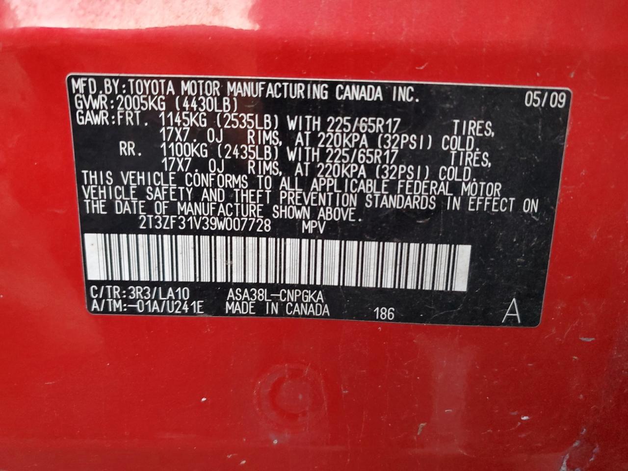 2009 Toyota Rav4 Limited VIN: 2T3ZF31V39W007728 Lot: 85695235