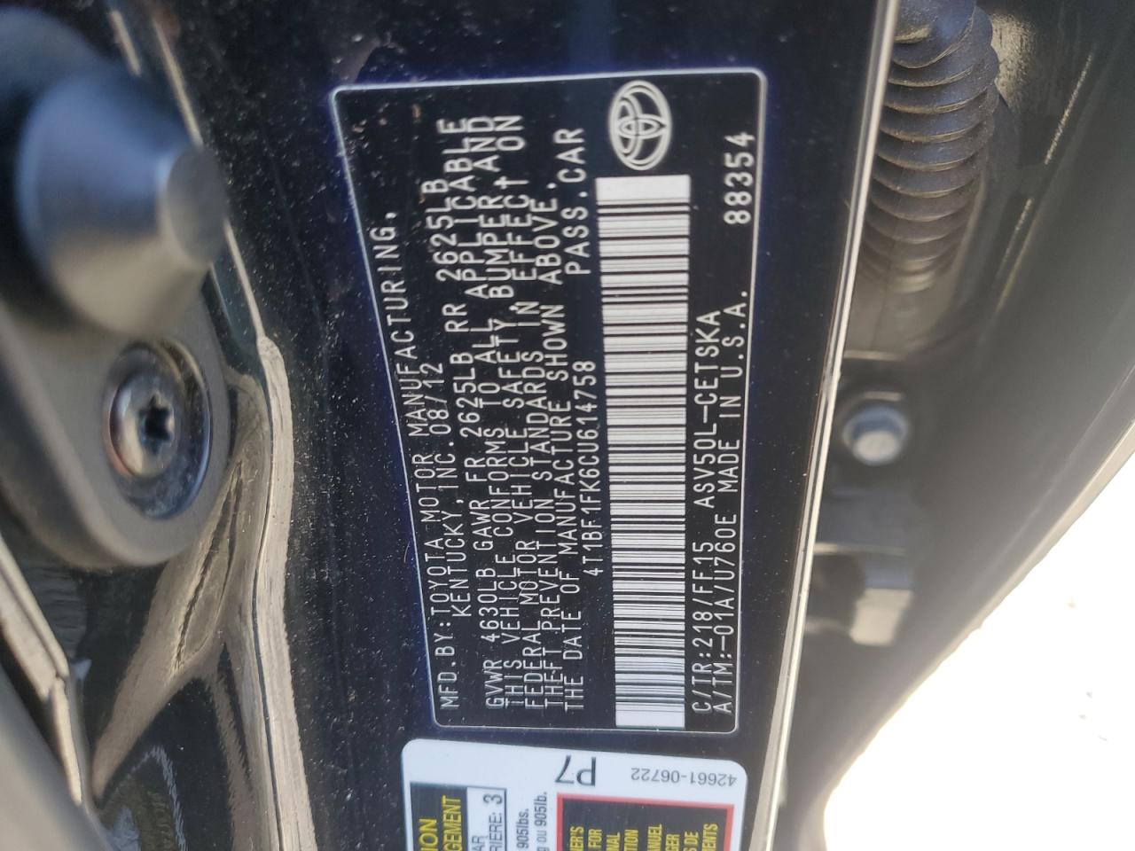 2012 Toyota Camry Base VIN: 4T1BF1FK6CU614758 Lot: 86287025