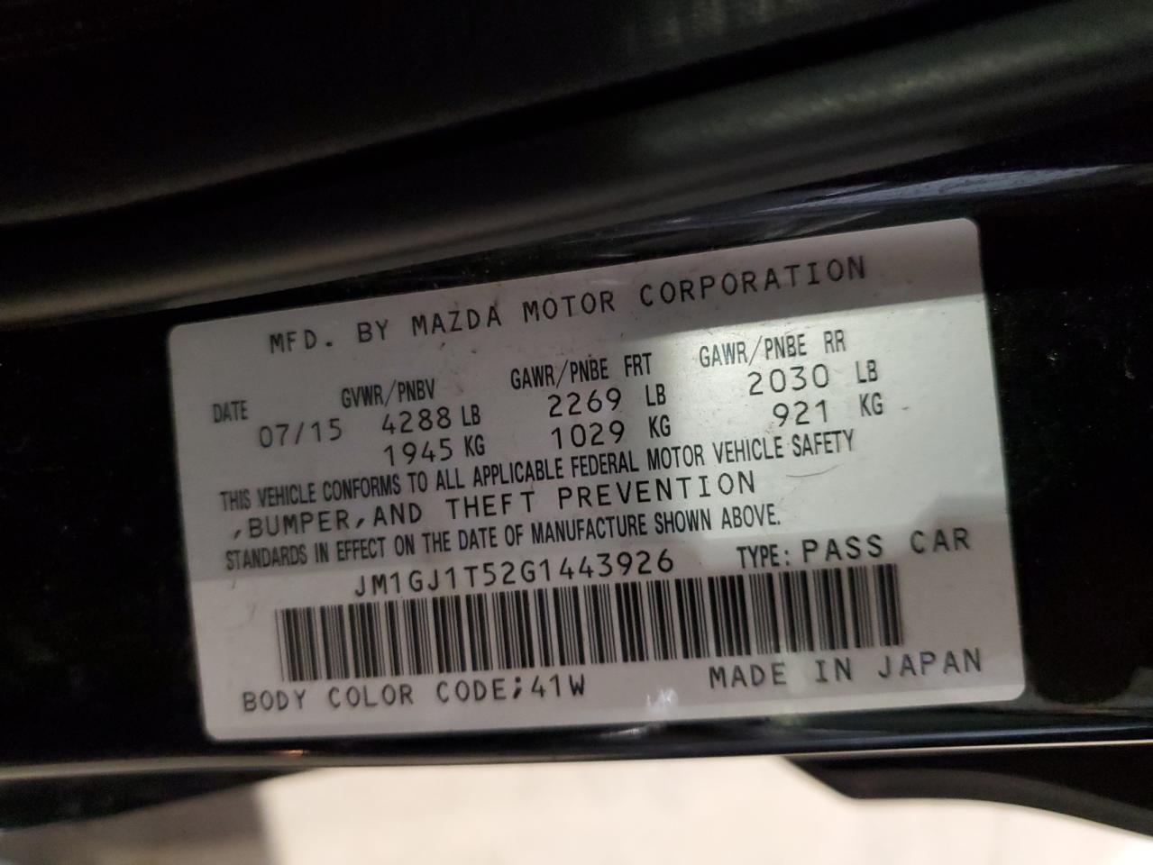2016 Mazda 6 Touring VIN: JM1GJ1T52G1443926 Lot: 86769005