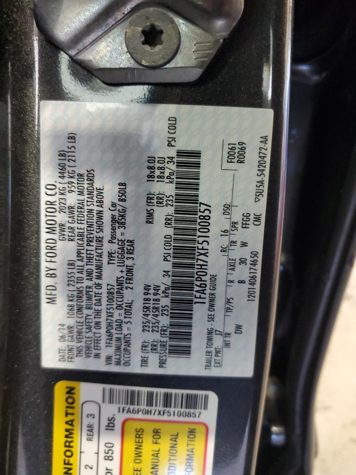 2015 Ford Fusion Se VIN: 1FA6P0H7XF5100857 Lot: 85696625