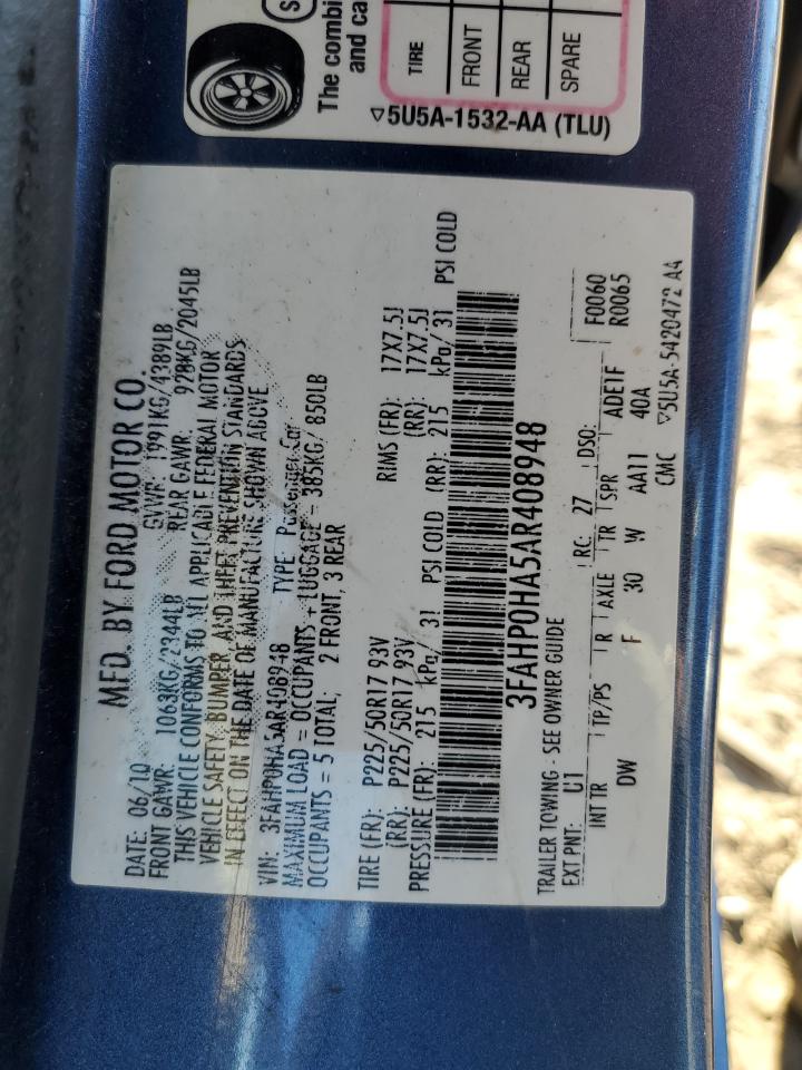 2010 Ford Fusion Se VIN: 3FAHP0HA5AR408948 Lot: 85601465