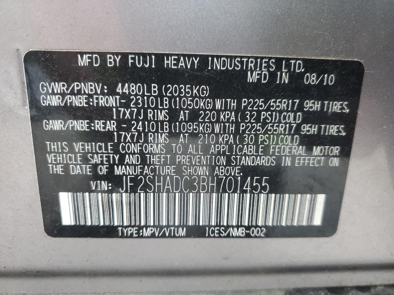 2011 Subaru Forester 2.5X Premium VIN: JF2SHADC3BH701455 Lot: 84395865