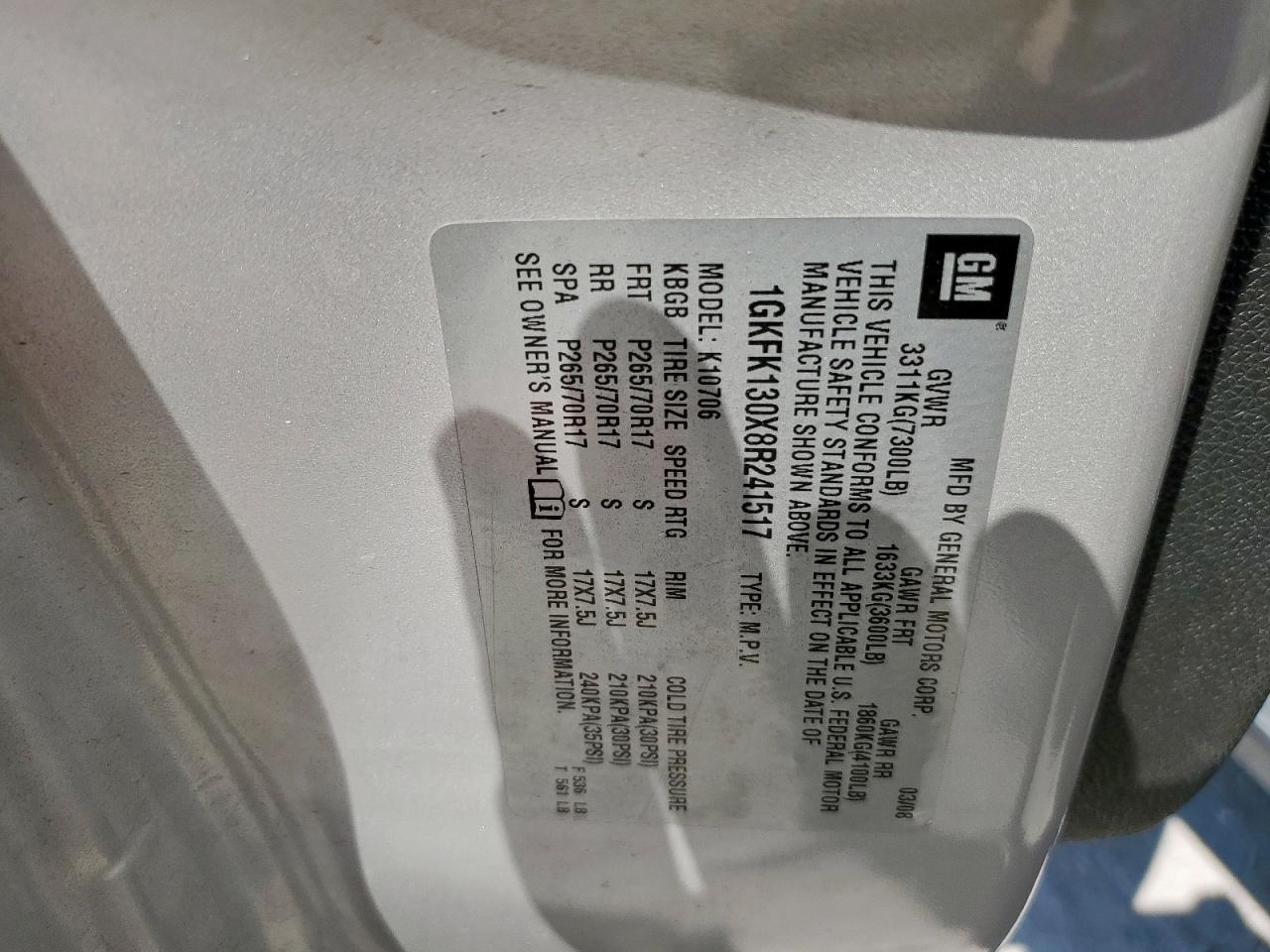 2008 GMC Yukon VIN: 1GKFK130X8R241517 Lot: 82248775