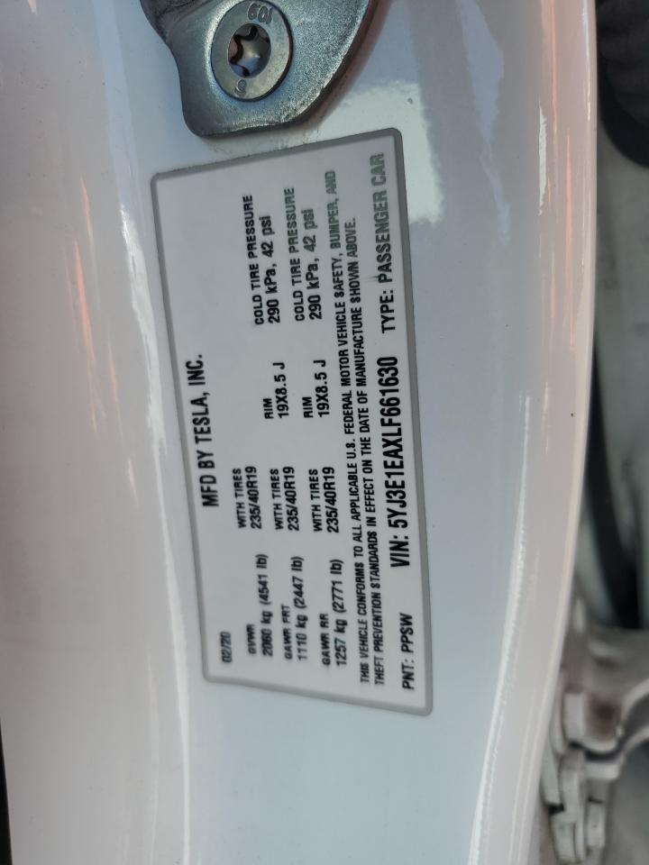 2020 Tesla Model 3 VIN: 5YJ3E1EAXLF661630 Lot: 90883325
