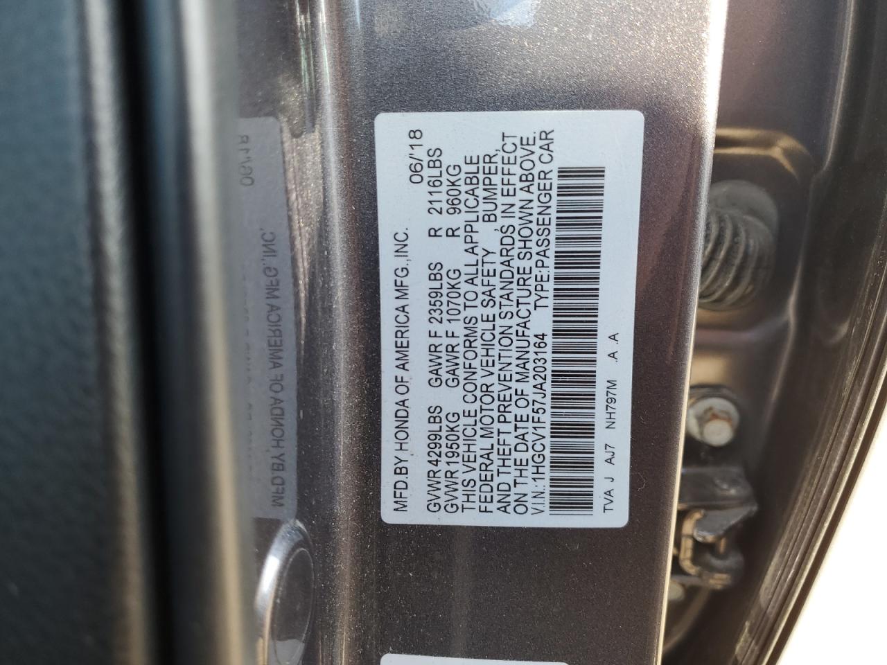 2018 Honda Accord Exl VIN: 1HGCV1F57JA203164 Lot: 85694815