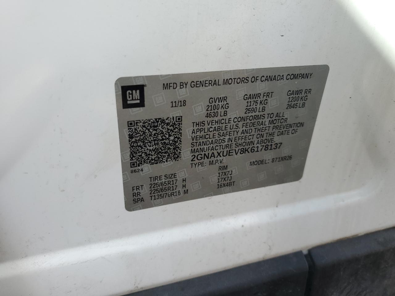 2019 Chevrolet Equinox Lt VIN: 2GNAXUEV8K6178137 Lot: 82237755