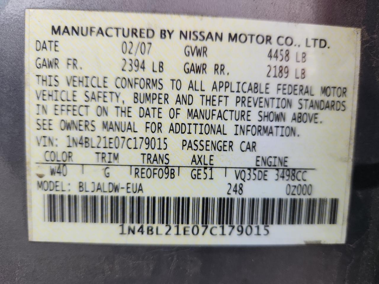 2007 Nissan Altima 3.5Se VIN: 1N4BL21E07C179015 Lot: 86287755