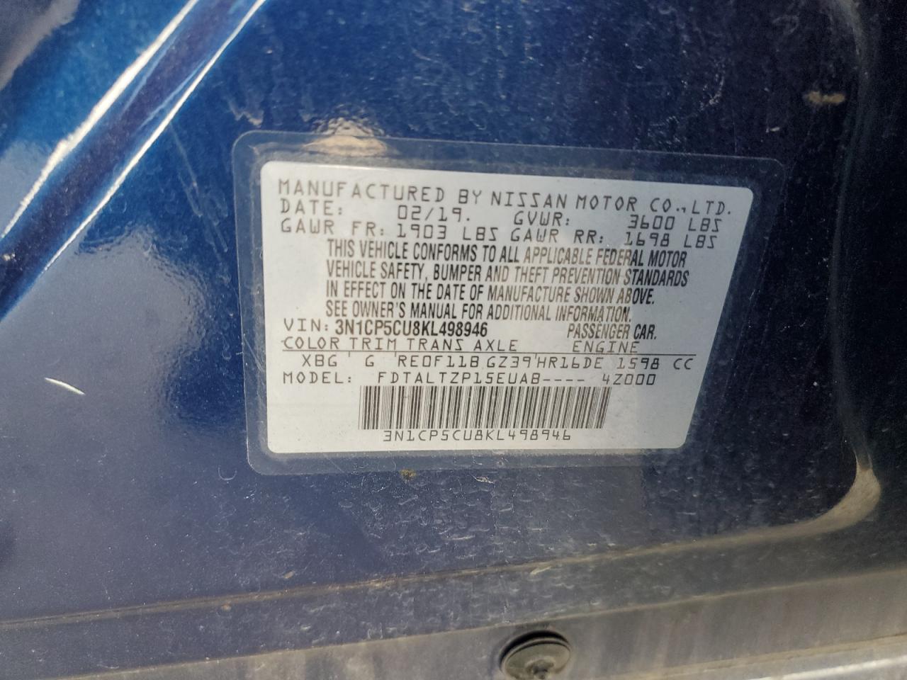 2019 Nissan Kicks S VIN: 3N1CP5CU8KL498946 Lot: 86707325