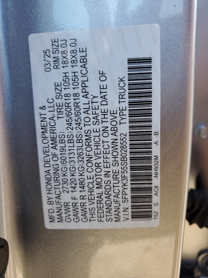 2025 Honda Ridgeline Rtl VIN: 5FPYK3F55SB028552 Lot: 87272865