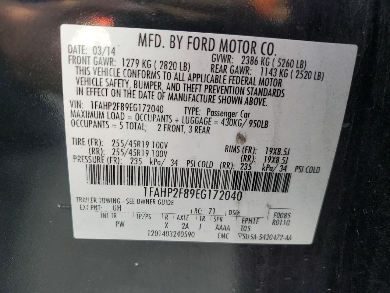 2014 Ford Taurus Limited VIN: 1FAHP2F89EG172040 Lot: 84713165