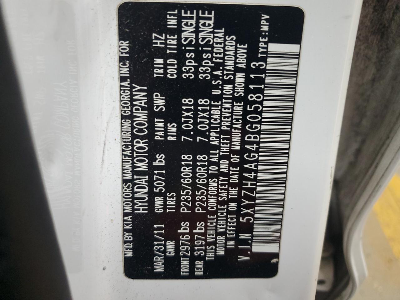 2011 Hyundai Santa Fe Se VIN: 5XYZH4AG4BG058113 Lot: 86057375