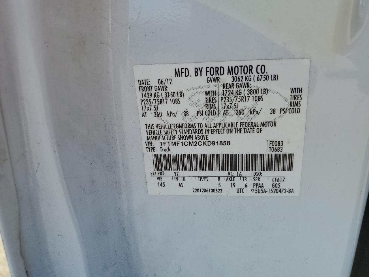 2012 Ford F150 VIN: 1FTMF1CM2CKD91858 Lot: 81967305