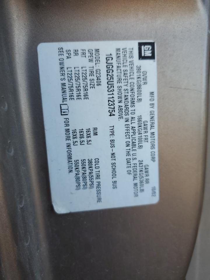 2003 GMC Savana G2500 VIN: 1GJGG25U531123754 Lot: 84899755