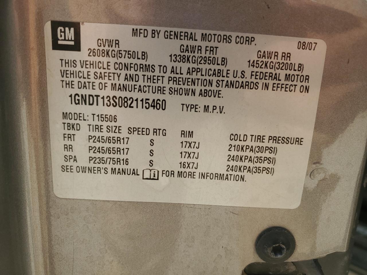 2008 Chevrolet Trailblazer Ls VIN: 1GNDT13S082115460 Lot: 84655855