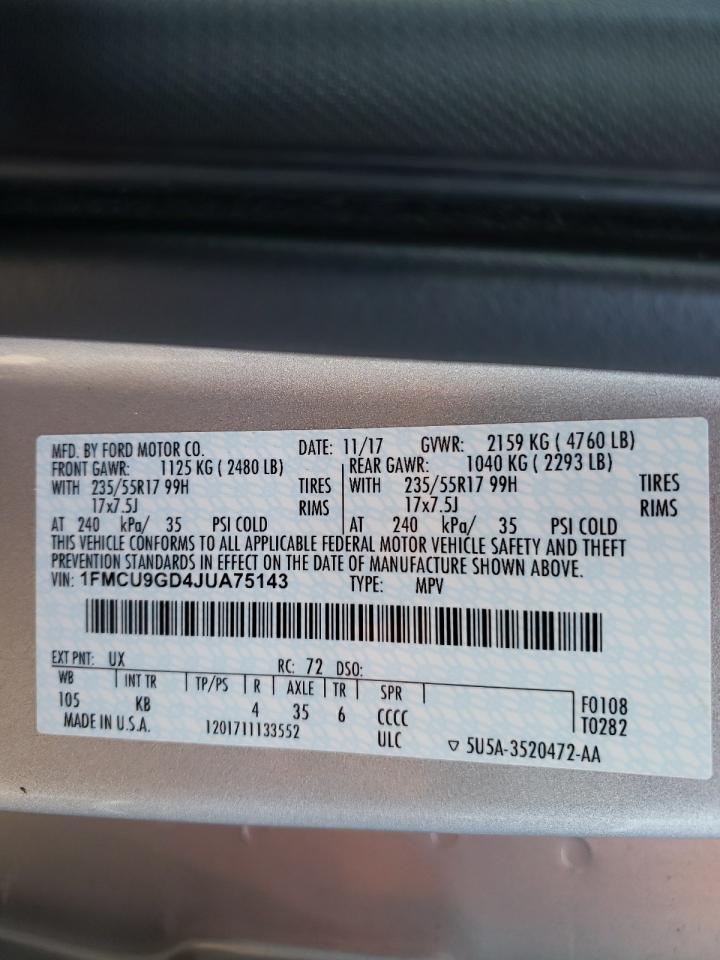 2018 Ford Escape Se VIN: 1FMCU9GD4JUA75143 Lot: 89861265