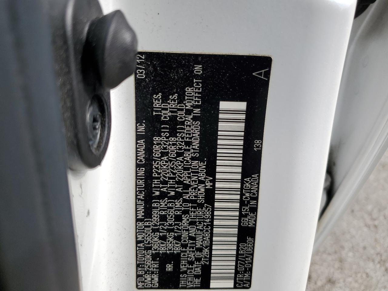 2012 Lexus Rx 350 VIN: 2T2BK1BA8CC149857 Lot: 86785895