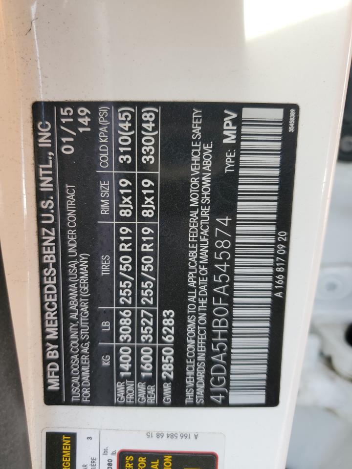 2015 Mercedes-Benz Ml 350 4Matic VIN: 4JGDA5HB0FA545874 Lot: 90250655