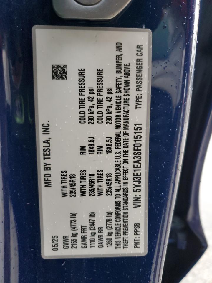 2025 Tesla Model 3 VIN: 5YJ3E1EA8SF039106 Lot: 90063105