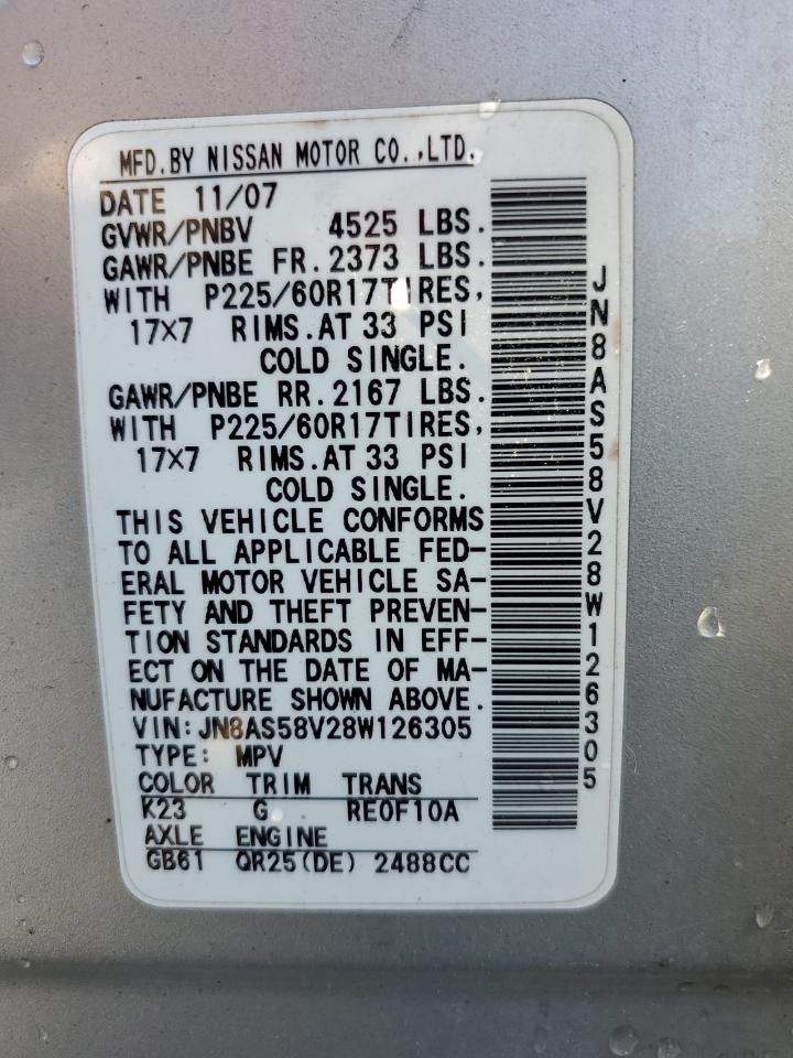 2008 Nissan Rogue S VIN: JN8AS58V28W126305 Lot: 85692995