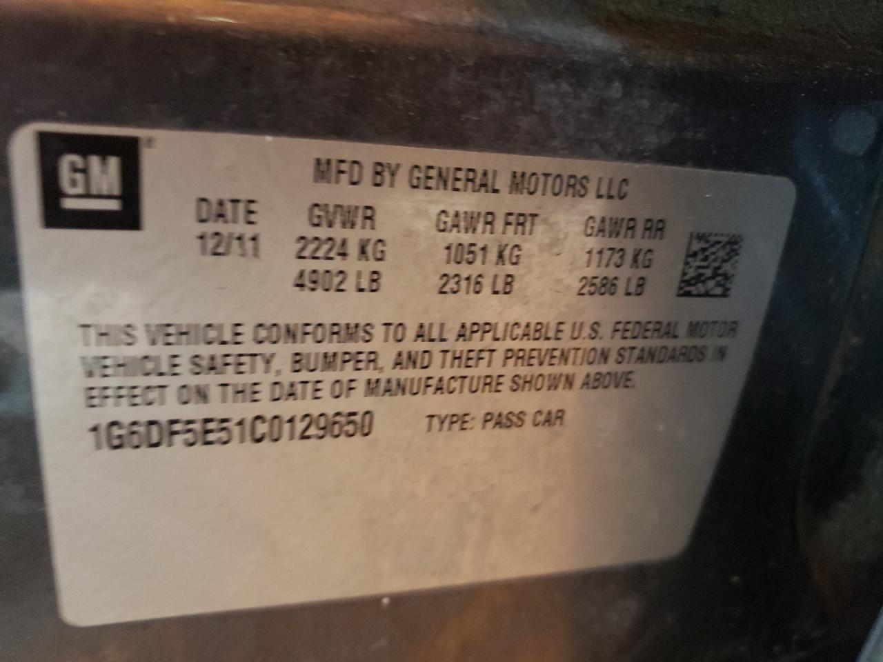 2012 Cadillac Cts Luxury Collection VIN: 1G6DF5E51C0129650 Lot: 85136005