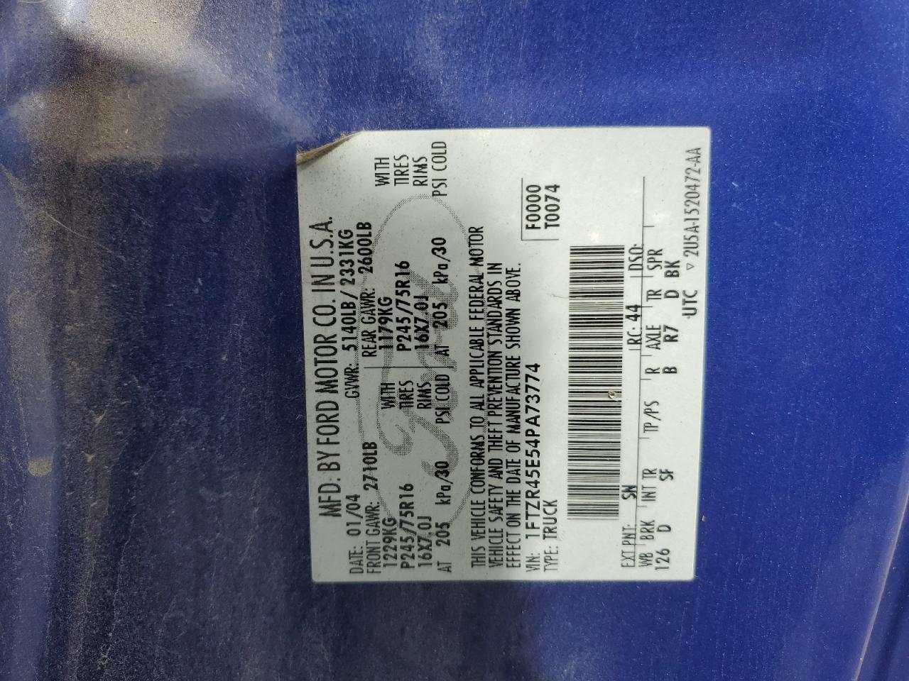 2004 Ford Ranger Super Cab VIN: 1FTZR45E54PA73774 Lot: 85641415