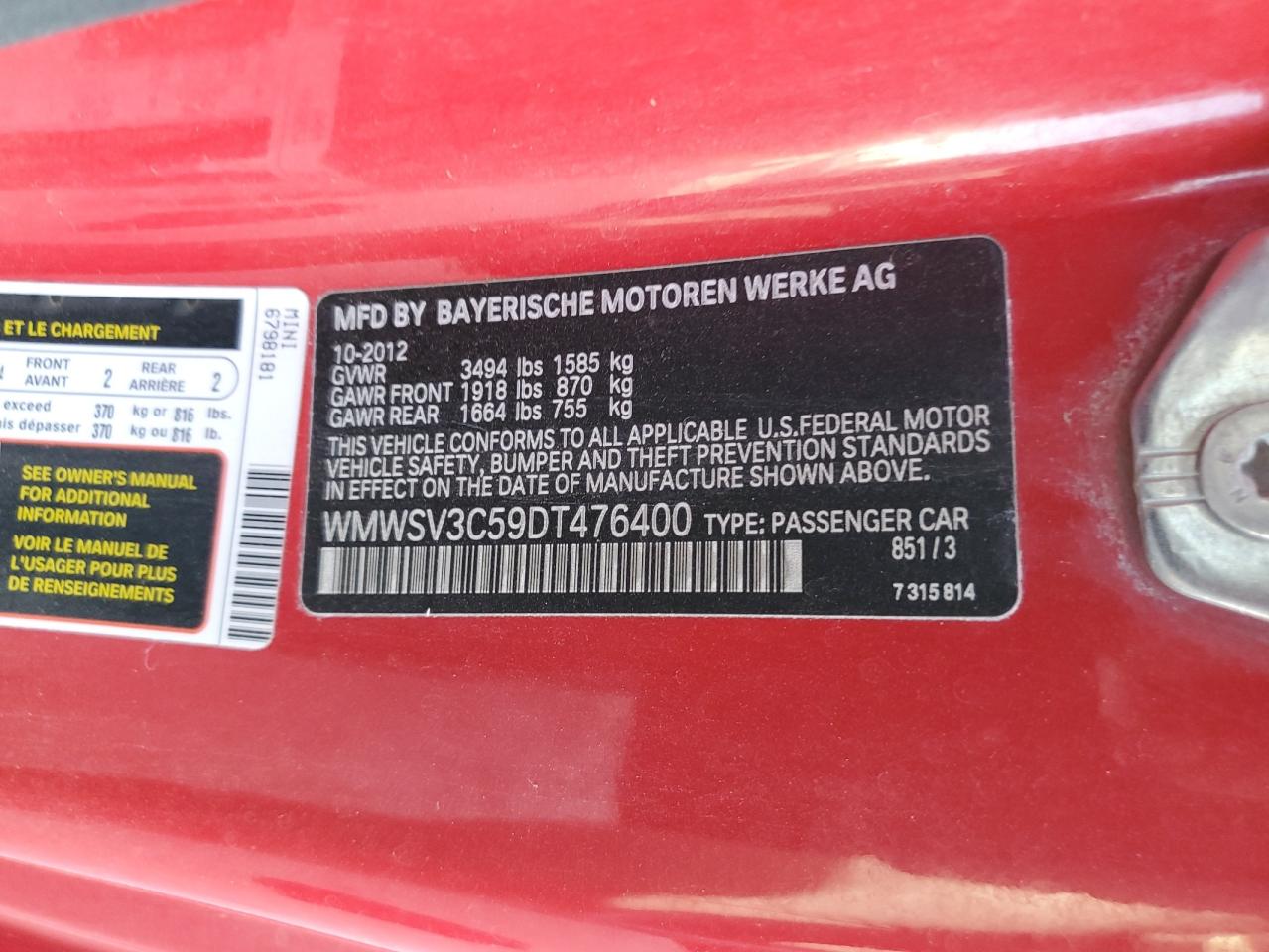 2013 Mini Cooper S VIN: WMWSV3C59DT476400 Lot: 85001915