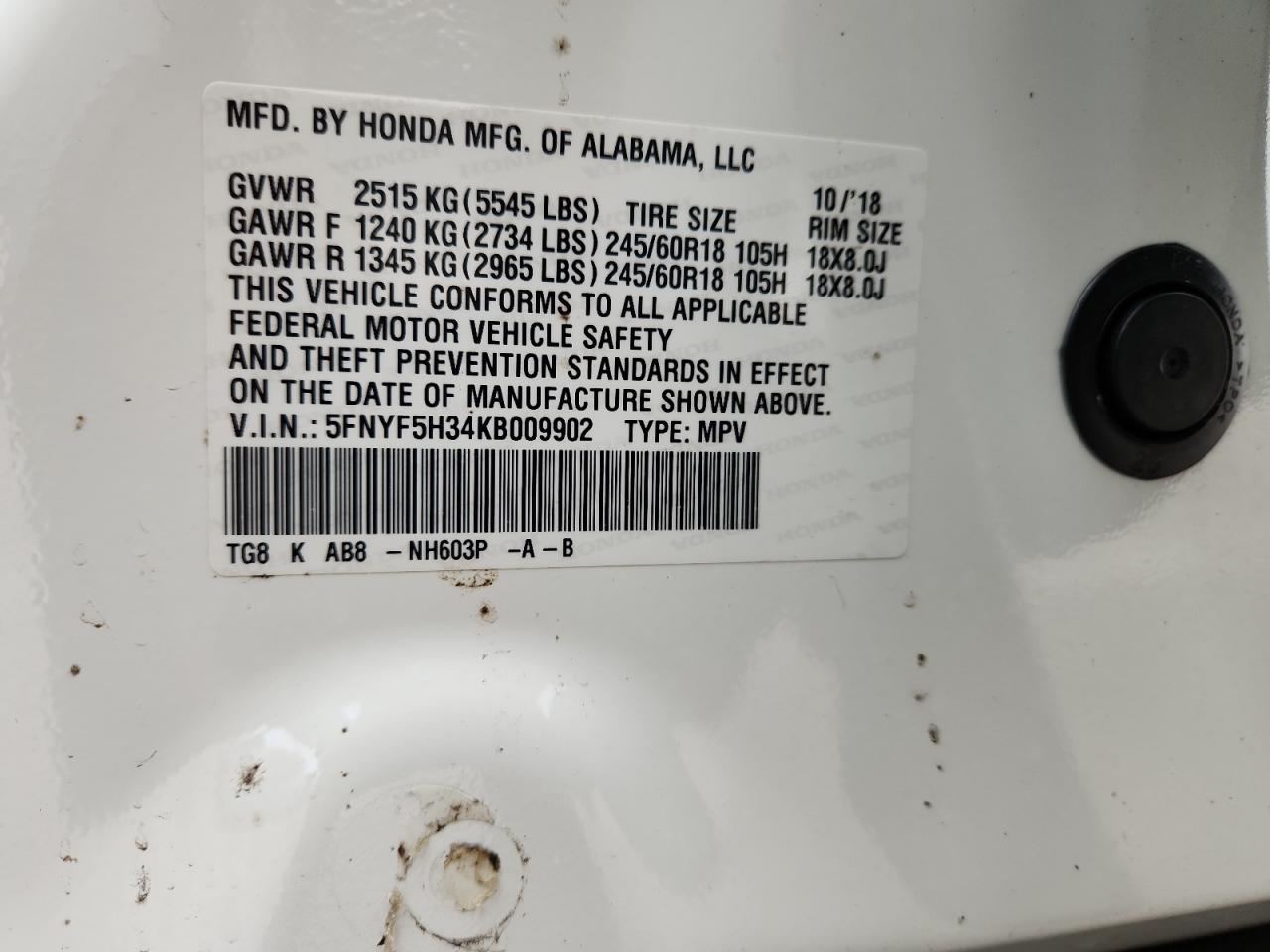 2019 Honda Pilot Ex VIN: 5FNYF5H34KB009902 Lot: 82224455