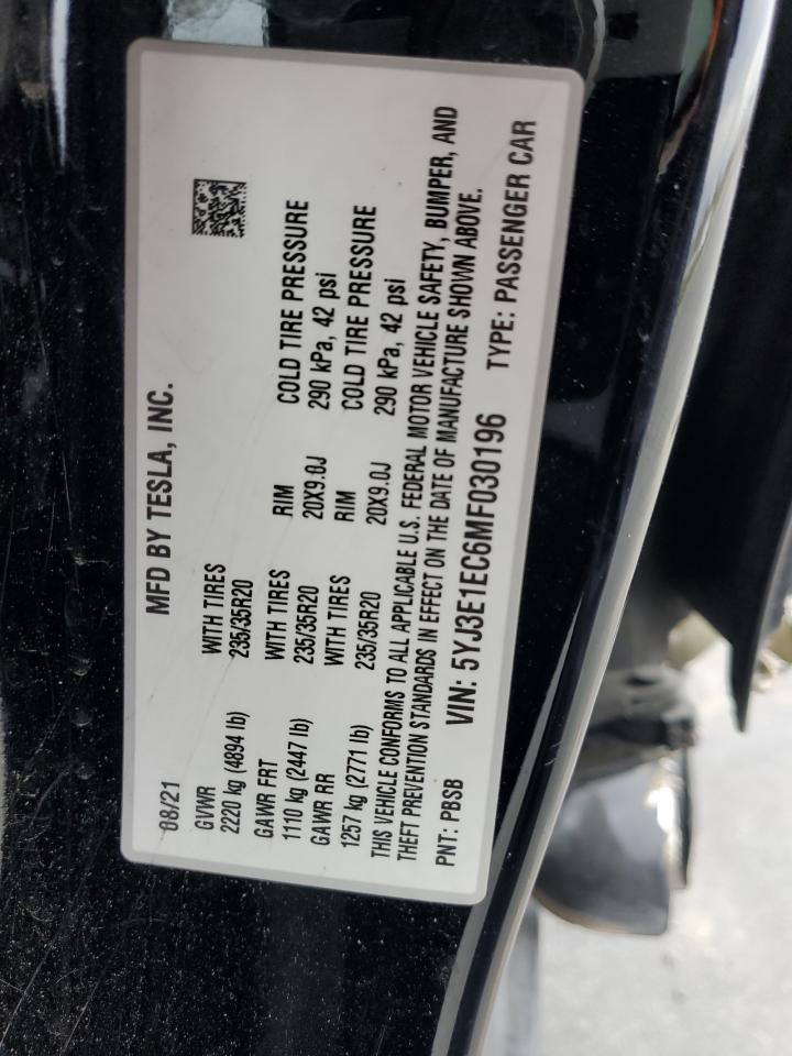 2021 Tesla Model 3 VIN: 5YJ3E1EC6MF030196 Lot: 81191695
