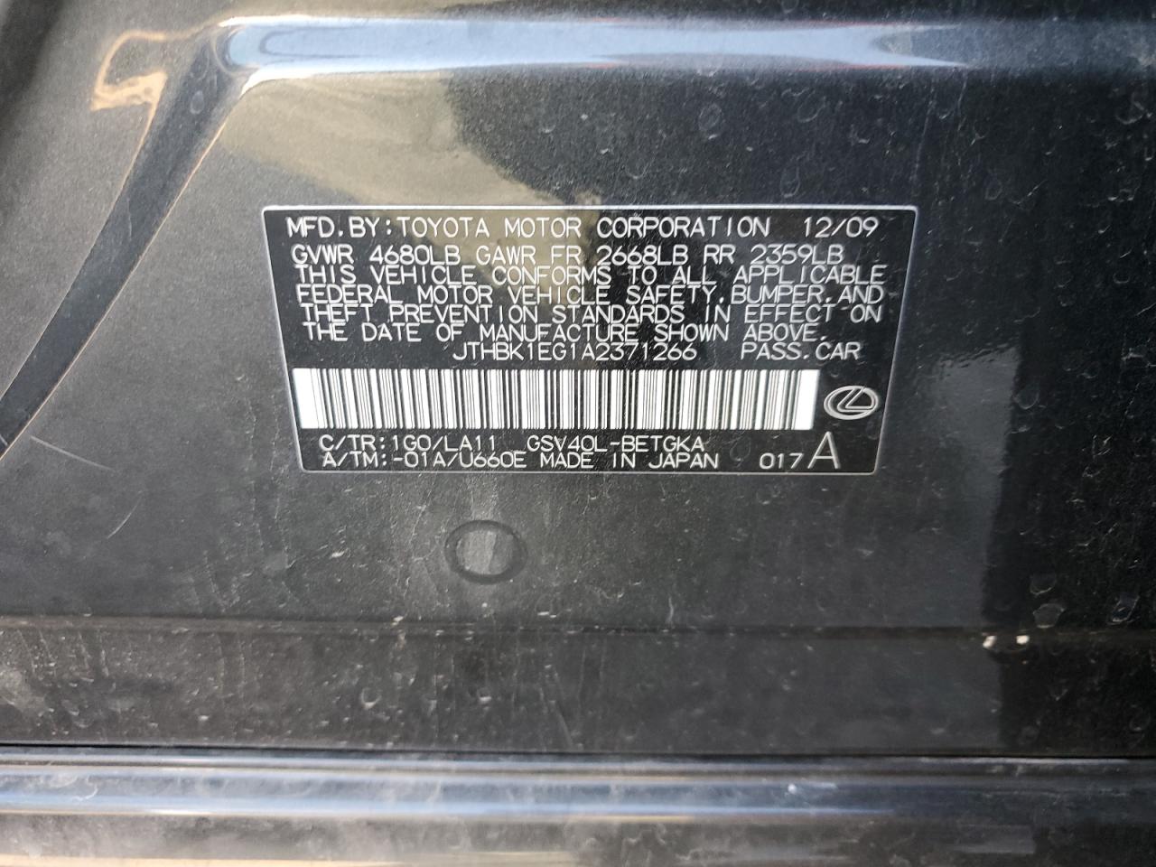 2010 Lexus Es 350 VIN: JTHBK1EG1A2371266 Lot: 85534345