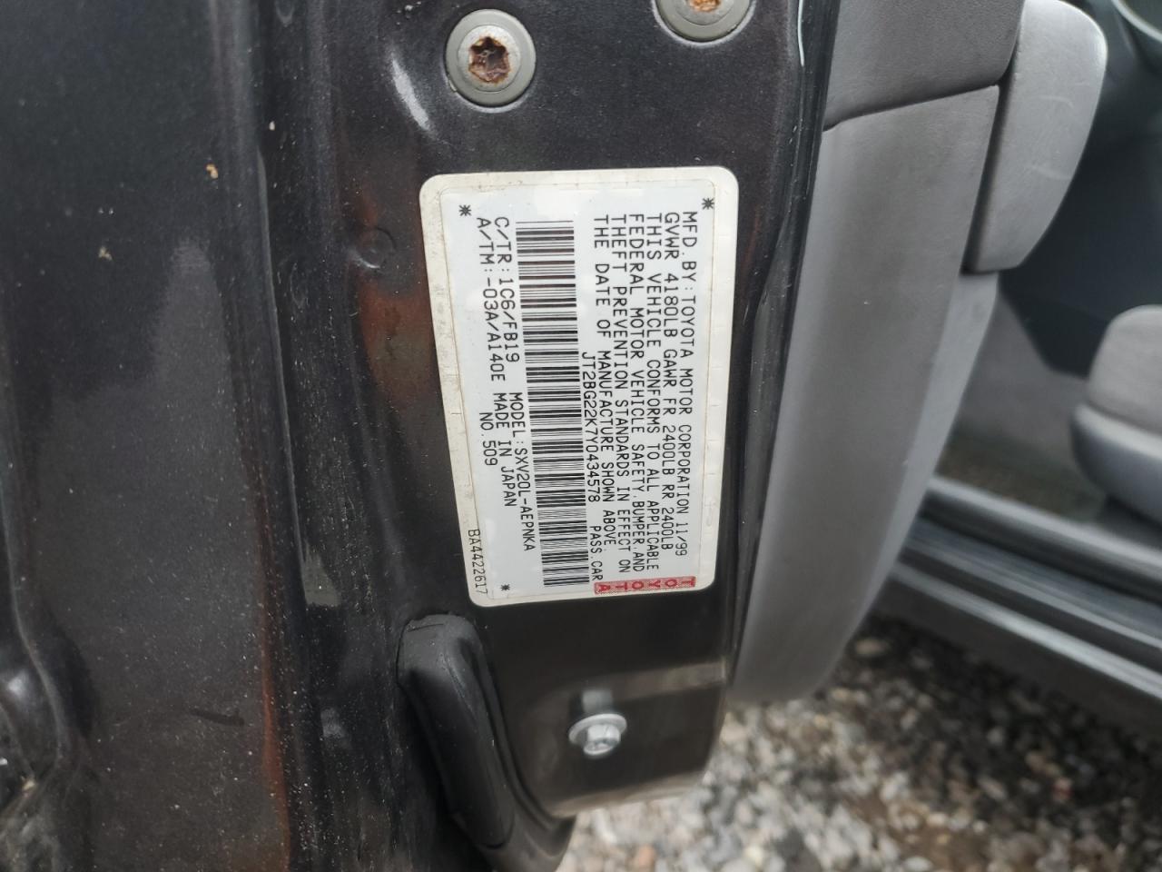 2000 Toyota Camry Ce VIN: JT2BG22K7Y0434578 Lot: 85813625