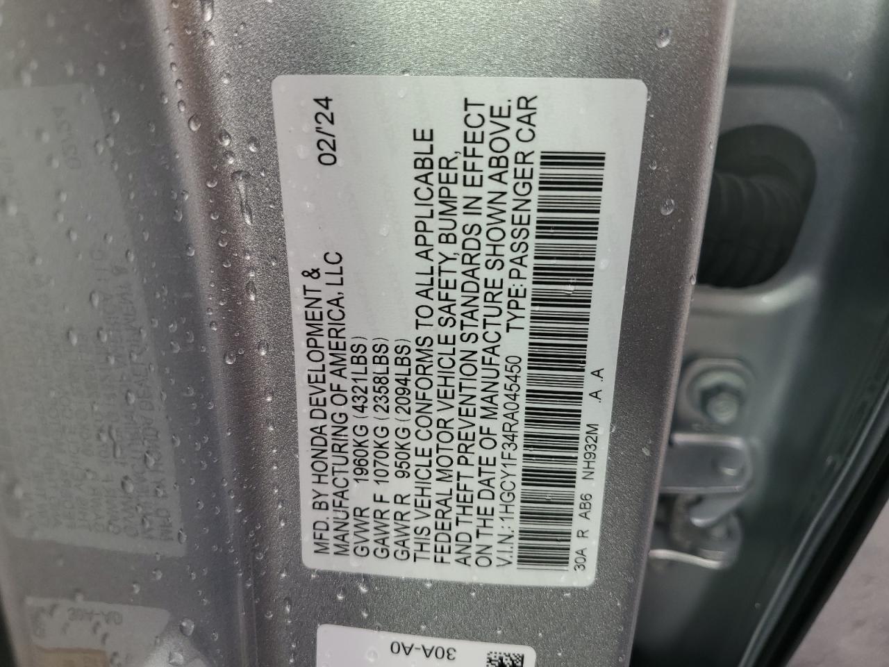 2024 Honda Accord Ex VIN: 1HGCY1F34RA045450 Lot: 85649005