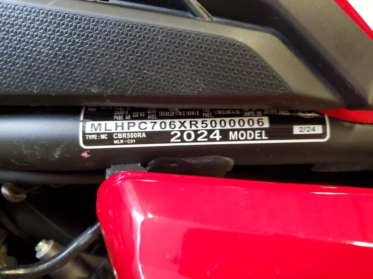 2024 Honda Cbr500 Ra VIN: MLHPC706XR5000006 Lot: 87002045