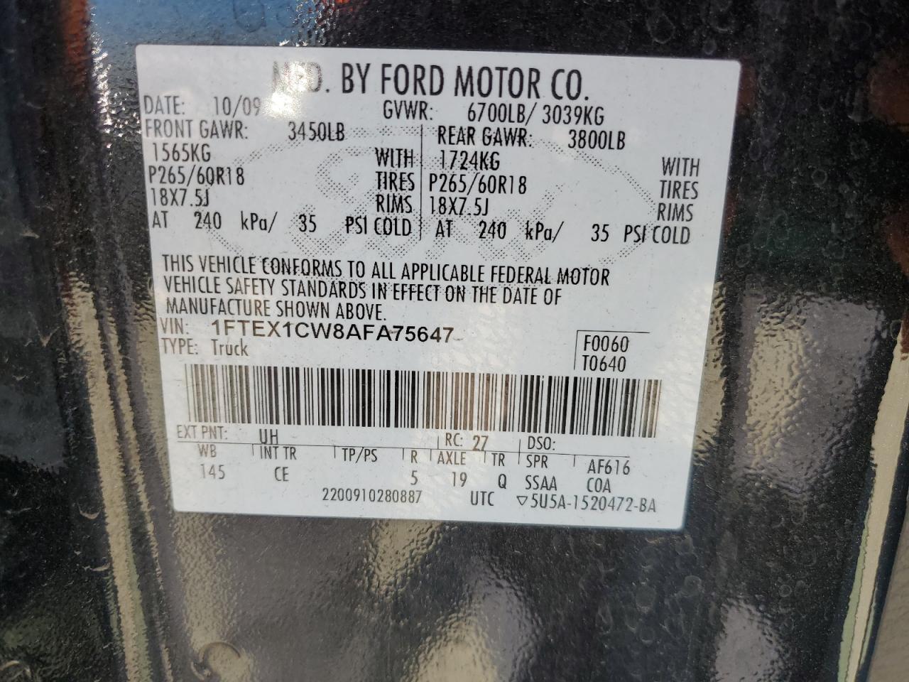 2010 Ford F150 Super Cab VIN: 1FTEX1CW8AFA75647 Lot: 87369565