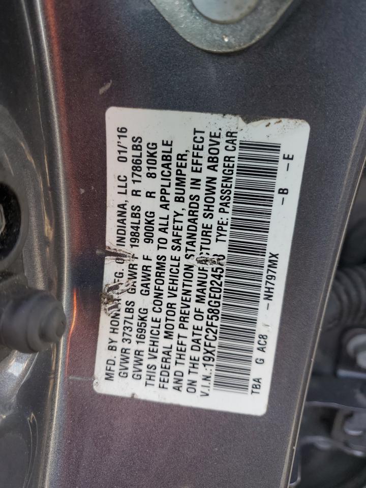 2016 Honda Civic Lx VIN: 19XFC2F58GE024578 Lot: 85381615