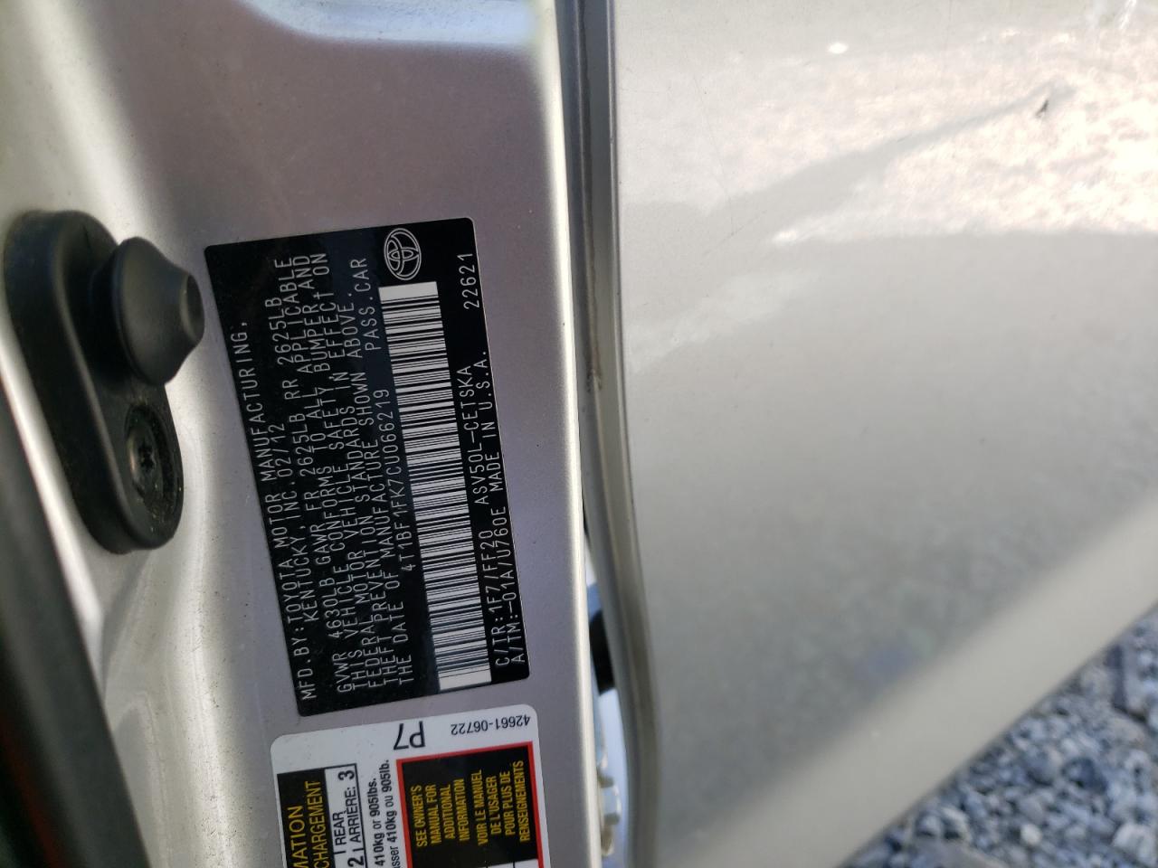 2012 Toyota Camry Base VIN: 4T1BF1FK7CU066219 Lot: 85122475