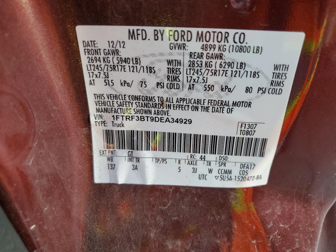 2013 Ford F350 Super Duty VIN: 1FTRF3BT9DEA34929 Lot: 84602455